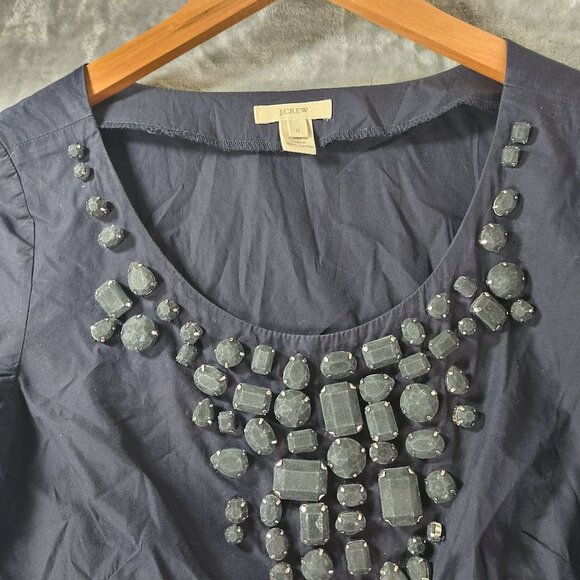 J Crew Womens Navy Jeweled Scoop Neck Tee Top 0 Embellished Cotton Style 21840 - Picture 3 of 11